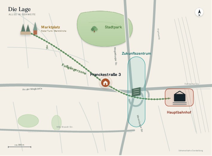 Lageplan des Stadtpalais in Halle (Saale) mit Fußgängerzone, Marktplatz, Zukunftszentrum und Hauptbahnhof